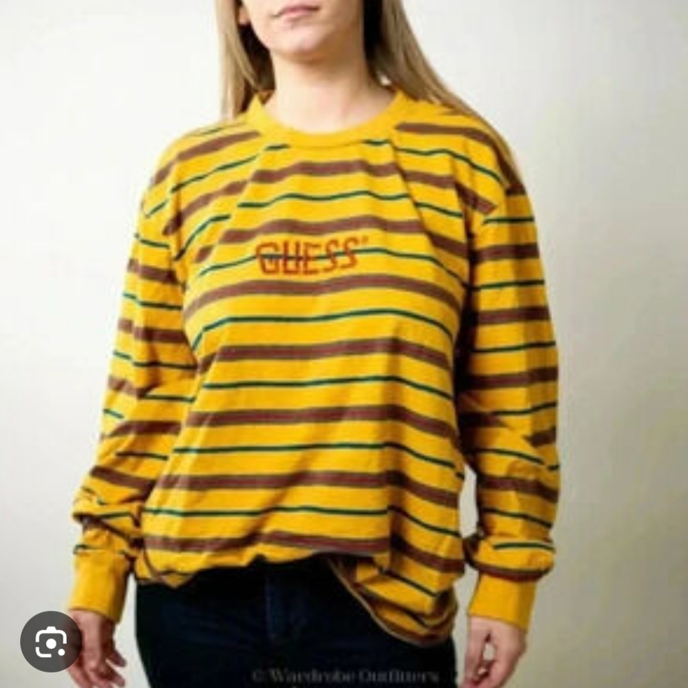 Guess Originals 2000s Striped Long Sleeve Logo Shirt Yellow Small Adult Unisex